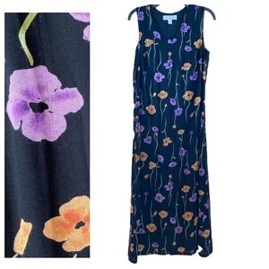 Vintage LT Sport Small Black Maxi Dress Floral Sleeveless Orange Purple Green